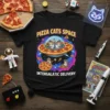Pizza Cats Space Intergalactic Delivery T-Shirt with cats in space delivering pizza and a pizza-shaped spaceship