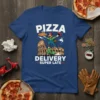 Pizza Delivery Super Late text with cartoon character on a green scooter in front of the Colosseum