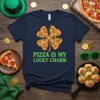Navy t-shirt with "Pizza Is My Lucky Charm" text and a pizza slice clover design