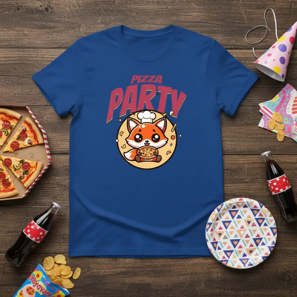 Pizza Party Fox Chef bold typography printed on soft premium material creating a standout t-shirt