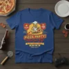 Pizza Party! Pizza for Life t-shirt design with a chef riding a pizza rocket, surrounded by text like "Delicious," "Fun,"