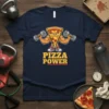Pizza Power T-Shirt with a cartoon slice of pizza lifting dumbbells, bold yellow text, navy blue shirt