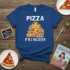 Pizza Princess T-Shirt featuring a slice of pizza with a crown on top, surrounded by stacked pizza boxes