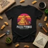 Pizza Pyrmid Ancient Artisrty text on a black t-shirt with a cheese pyramid graphic and sunset background
