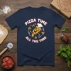 Pizza Time All The Time t-shirt design featuring a happy slice of pizza wearing a chef's hat and surrounded by