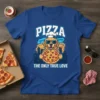 Golden Retriever wearing sunglasses and a chef's hat eating pizza, with "Pizza The Only True Love" text