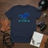 PJOS text logo with a blue horse and rider silhouette in a geometric frame on a navy t-shirt