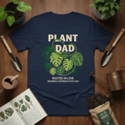 Plant Dad Rooted In Love Growing Stronger Every Day t-shirt design with monstera leaves and vines