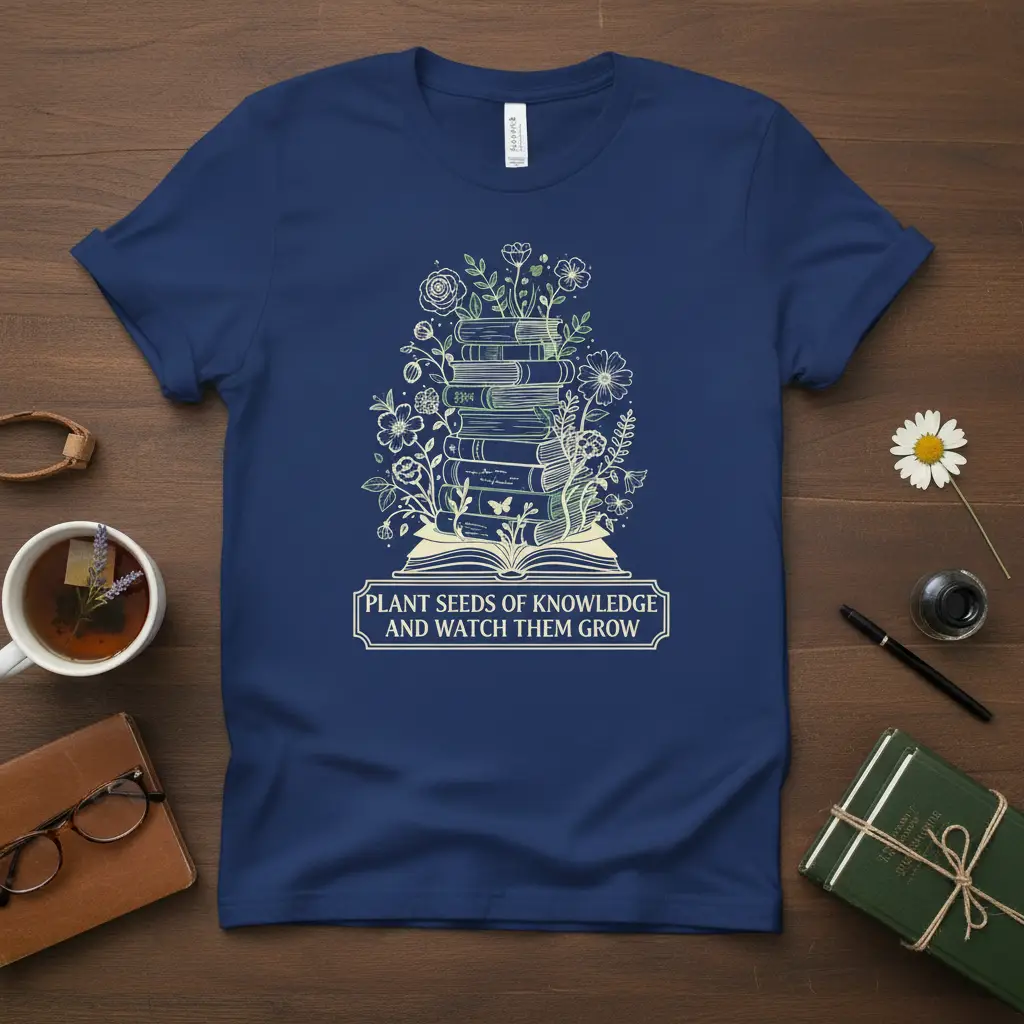 Plant Seeds of Knowledge And Watch Them Grow quote with stacked books and floral illustration on a t-shirt