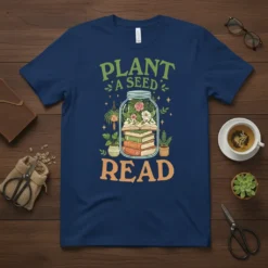 Plant a Seed Read quote on a navy t-shirt with a jar graphic containing books and plants