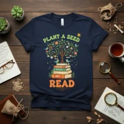 Plant a Seed Read t-shirt design featuring a tree with birds and flowers growing from a stack of books labeled