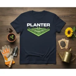 Navy blue t-shirt with the word "PLANTER" in white text above a green layered graphic of growing plants