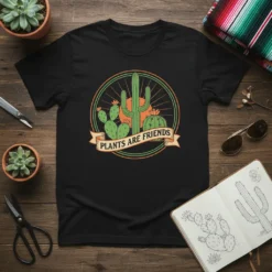 Black t-shirt with a circular design featuring various cacti and the text "PLANTS ARE FRIENDS" on a banner