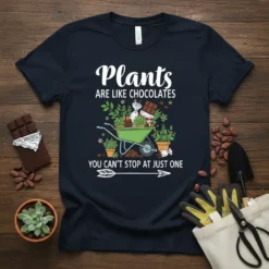 Plants are like chocolates you can't stop at just one quote on a navy t-shirt with a gardening graphic
