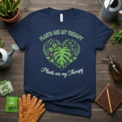 Navy t-shirt with "Plants Are My Therapy" text and a heart graphic made of leaves and gardening tools, for plant