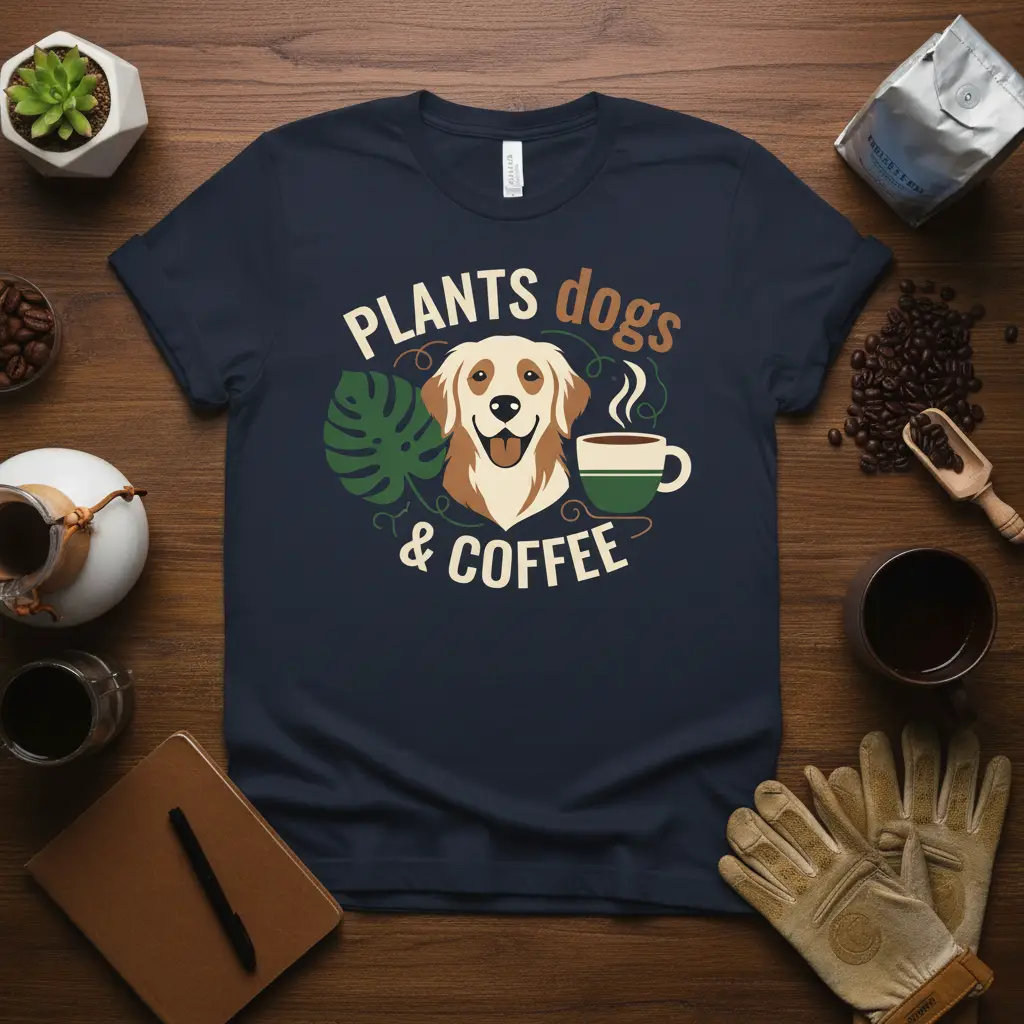 PLANTS dogs & COFFEE quote with Golden Retriever, coffee cup, and plant graphic on t-shirt