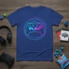 Blue t-shirt with a neon gamepad graphic and the word PLAY in the center, surrounded by a circular digital pattern