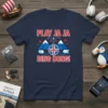 T-shirt with "PLAY JA JA DING DONG!" text, Icelandic flag, mountains, and ice graphics