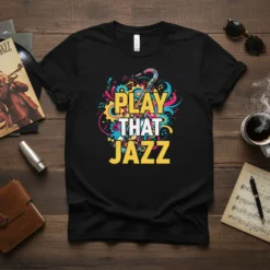 Play That Jazz t-shirt with colorful saxophone and music notes graphic