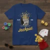 Play Win Jackpot text with a slot machine graphic spilling coins on a navy t-shirt, featuring dice and cards nearby