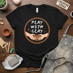 Play With Clay t-shirt design with hands holding a clay pot, surrounded by a rope border