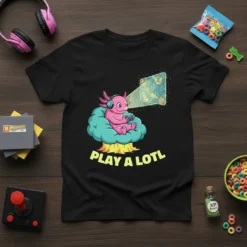 Black t-shirt featuring a pink axolotl wearing headphones and playing a video game, with text "PLAY A LOTL" below
