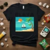 Playa t-shirt design featuring a pixel art beach scene with a sailboat, palm trees, and a bright sun