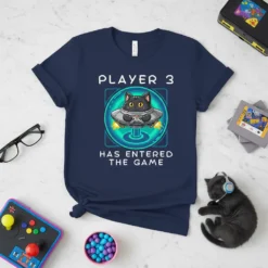 Player 3 Has Entered The Game t-shirt with a black cat in a UFO holding a game controller