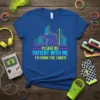 Please Be Patient With Me I'm From The 1980's text with retro robot and city skyline design on a blue