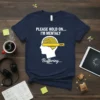 PLEASE HOLD ON... I'M MENTALLY Buffering... quote on a navy t-shirt with a graphic of a head with a buffering