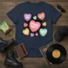 Please Leave I'm Done No Thanks Bye Call me Never Nope candy heart quote t-shirt design on navy fabric