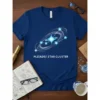 Pleiades Star Cluster graphic t-shirt design featuring a vibrant blue shirt with a depiction of the star cluster and its