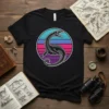 Black plesiosaur dinosaur graphic inside a retro sunset circle on a t-shirt