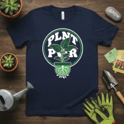Navy blue t-shirt with "PLNT PWR" text in a circular design around a potted plant graphic