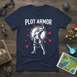 T-shirt design featuring white text "PLOT ARMOR" above a knight in full armor, surrounded by red arrows