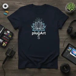 Navy t-shirt featuring the plugArt S Tech Lotus design with circuit board patterns within a lotus flower graphic