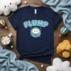 Navy t-shirt with "PLUMP" text and a cute smiling cloud in a hot air balloon with rain drops, graphic design