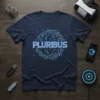 Pluribus t-shirt with glowing blue digital network globe design and text