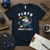 Pluto Dwarf Planet Gnome T-Shirt with a gnome riding a rocket among planets and stars