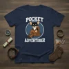 Pocket Adventurer Chihuahua dog wearing a backpack design on a navy blue t-shirt