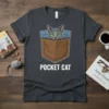 Pocket Cat T-Shirt featuring a cute grey cat peeking out of a brown pocket graphic