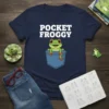 Pocket Froggy t-shirt design featuring a cute cartoon frog in a denim pocket with white text
