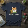 Pocket Shiba T-Shirt featuring a cute cartoon Shiba Inu holding a bone and surrounded by gold coins