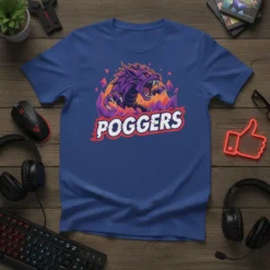 Poggers gaming t-shirt with a purple dragon and bold text, designed for gamers