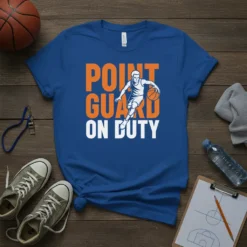 Point Guard On Duty text with a basketball player graphic on a blue t-shirt