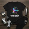 Pole Dance Fly. Spin. Empower. text with colorful abstract graphic of a pole dancer in motion