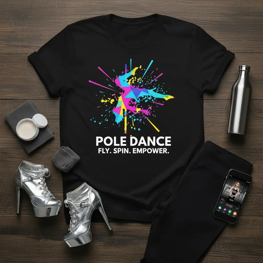 Pole Dance Fly. Spin. Empower. text with vibrant geometric pole dancer graphic