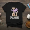 Purple cat in a dynamic pose on a cat tower with text "Pole Dancer Cat Tower Aficionado" on a black