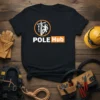 POLE Hub text with lineman climbing a utility pole graphic on a black t-shirt