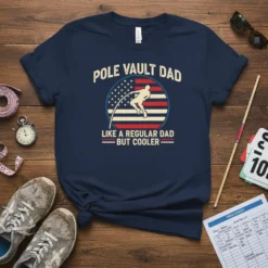 Pole vault dad t-shirt with the quote "Pole Vault Dad Like A Regular Dad But Cooler" and an American flag